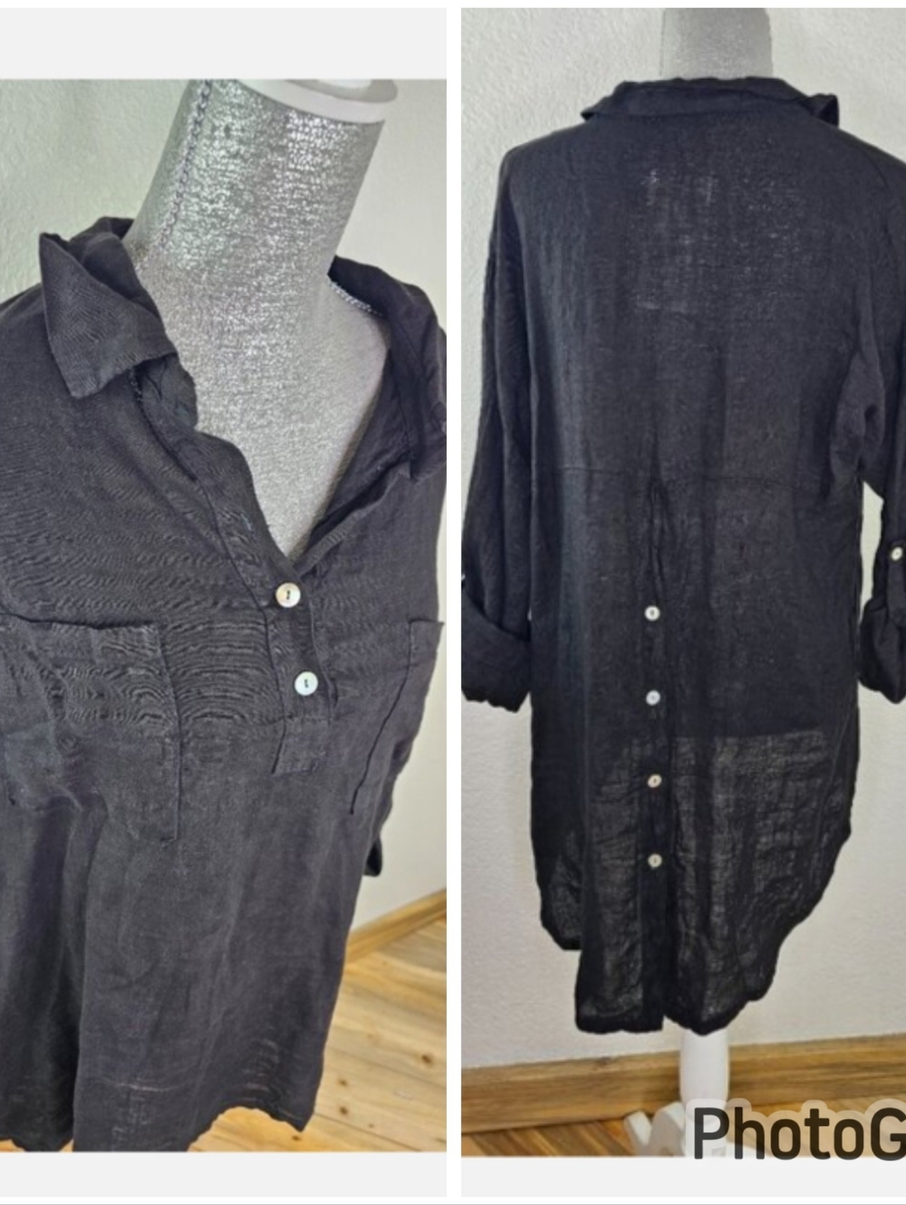 Tempo Paris Black Hi-Low Linen Shirt Size M/L